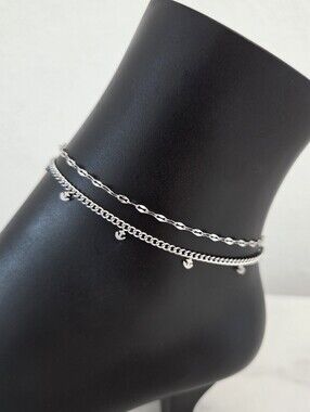 Nautical Silver Double Layer Anchor Dangle Charm Anklet
